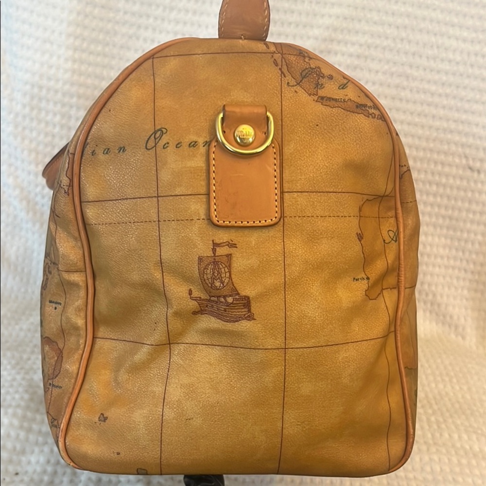 Prima Classe Vintage Map Print Brown Leather Duffel Bag - Picture 4 of 12